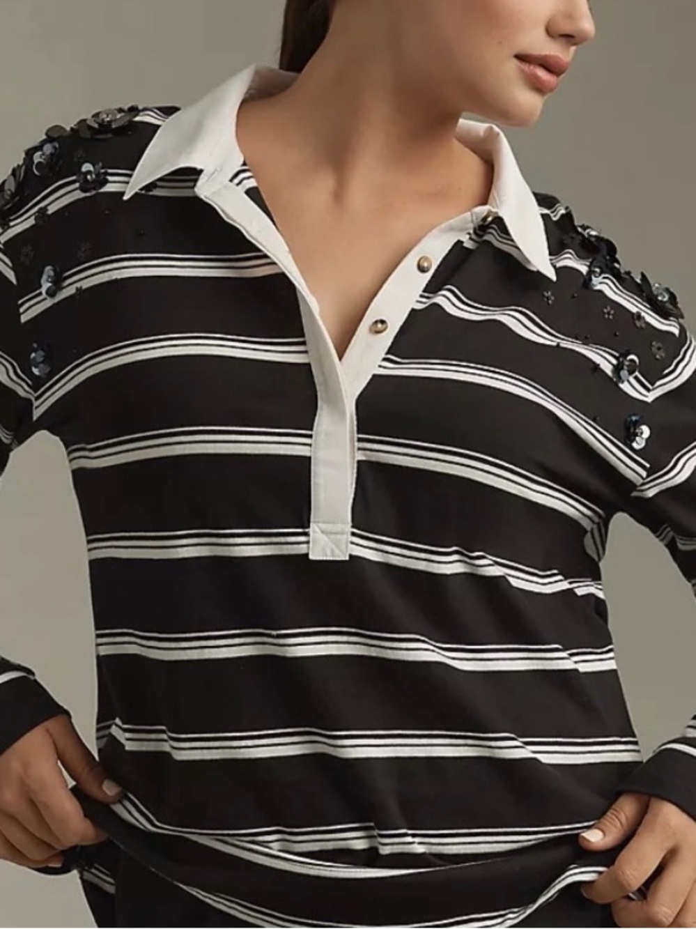 Maeve Black and White Striped Long Sleeve Polo with Sequin Floral Shoulders